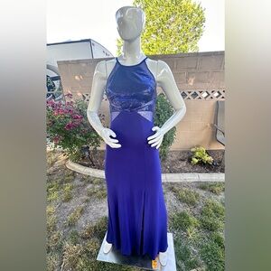 Morgan & Co Blue Embellished Cut-Out Halter Gown